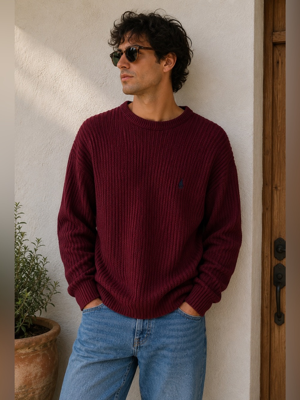 Vintage Nautica Knit Sweater Burgundy Red 90s Minimalist Men’s Large